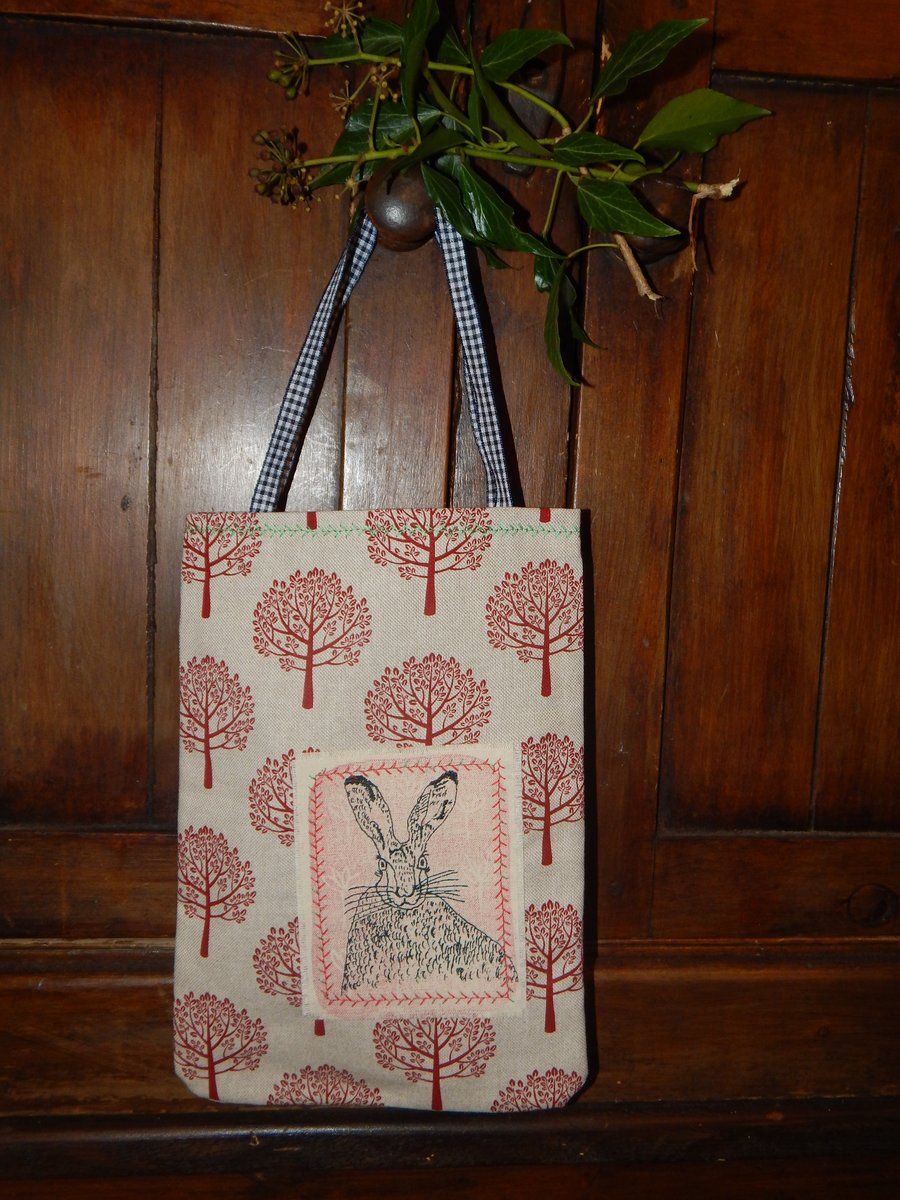 Hare Screen Printed  - Beige with Red Tree Patterned bag 19x28cm