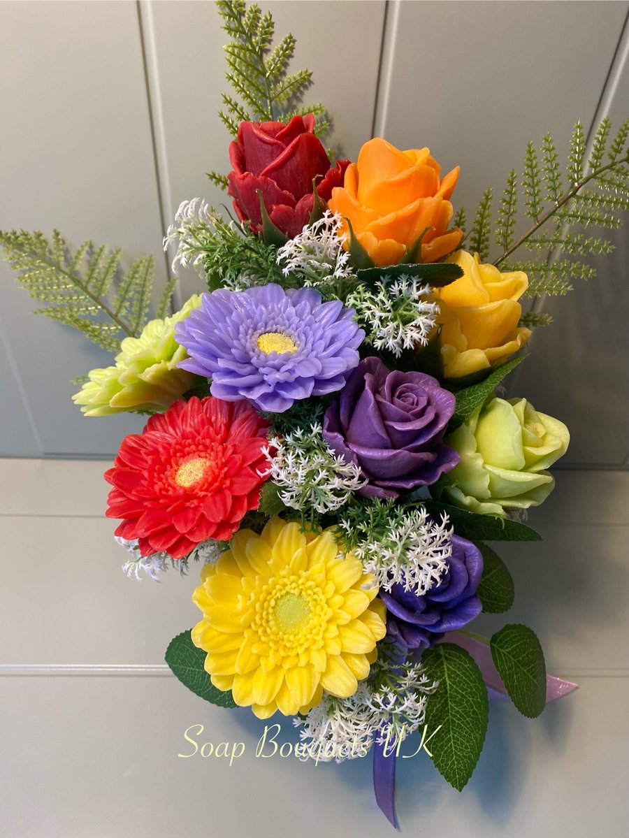 Vibrant Soap Flower Bouquet with Rainbow Roses & Gerbera Daisies