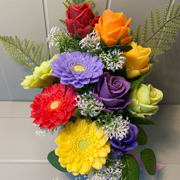 Vibrant Soap Flower Bouquet with Rainbow Roses & Gerbera Daisies