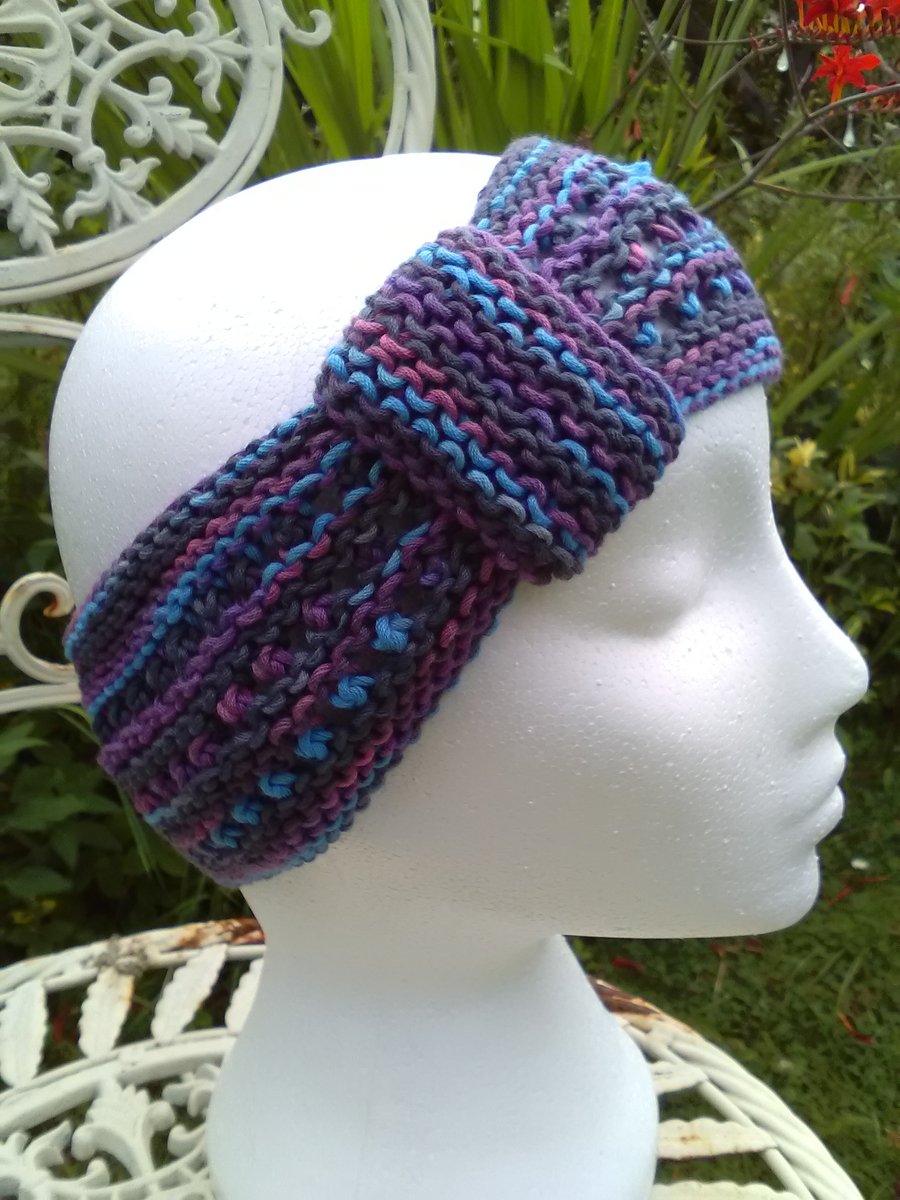 Hand-dyed & Knit Cotton Lacy Headband with looped band Purples Grey Blue