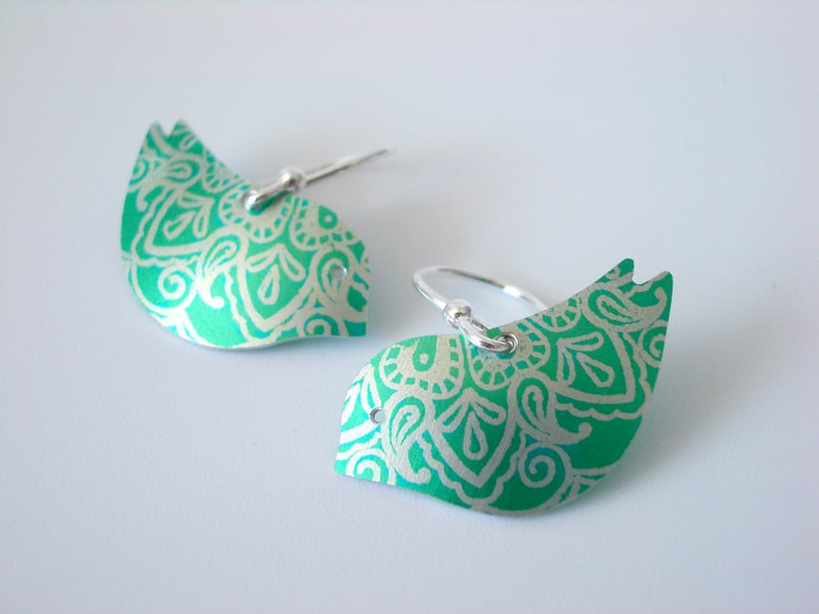 Bird earrings in green with paisley print
