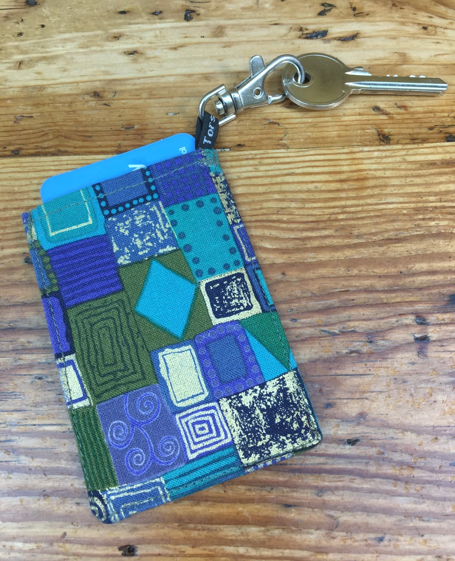 Travel Card holder in Klimt inspired blue, gold & teal fabric with key clip