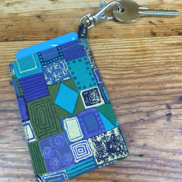 Travel Card holder in Klimt inspired blue, gold & teal fabric with key clip