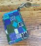 Travel Card holder in Klimt inspired blue, gold & teal fabric with key clip