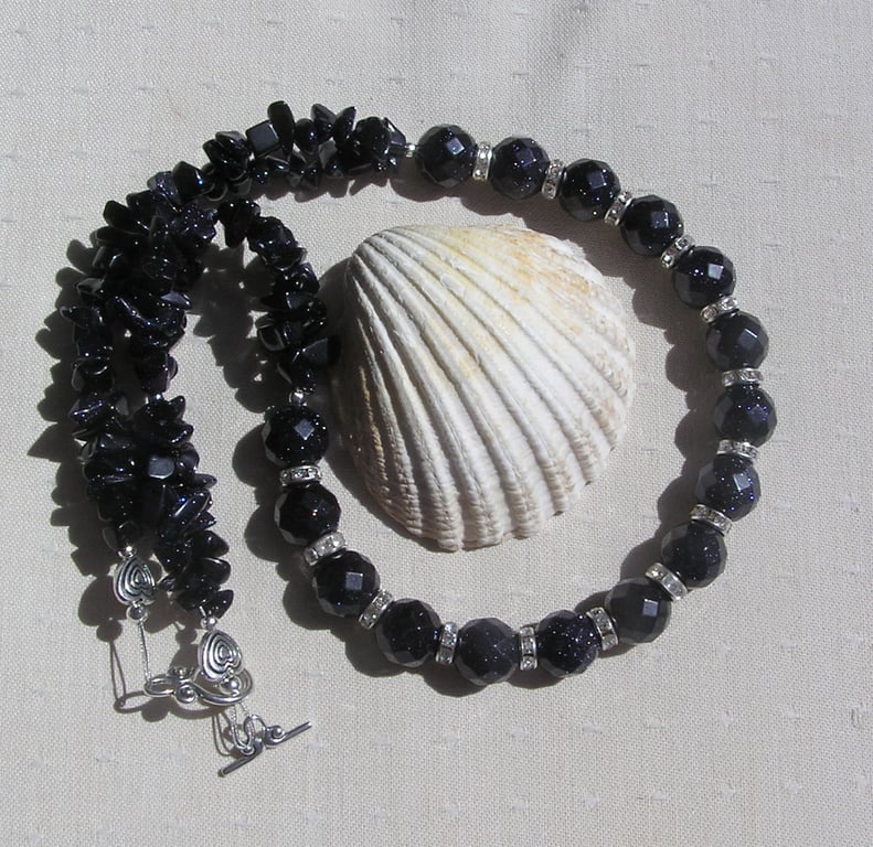 Blue Goldstone Gemstone Chunky Statement Beaded Necklace "Bluebell"