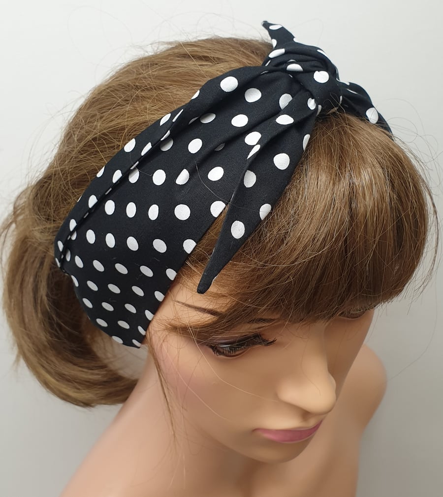 Black polka dots women tie up hair scarf.