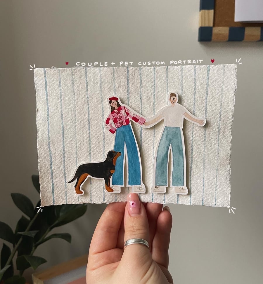 Custom Couple & Pet Portrait - Handmade A6 Illustration