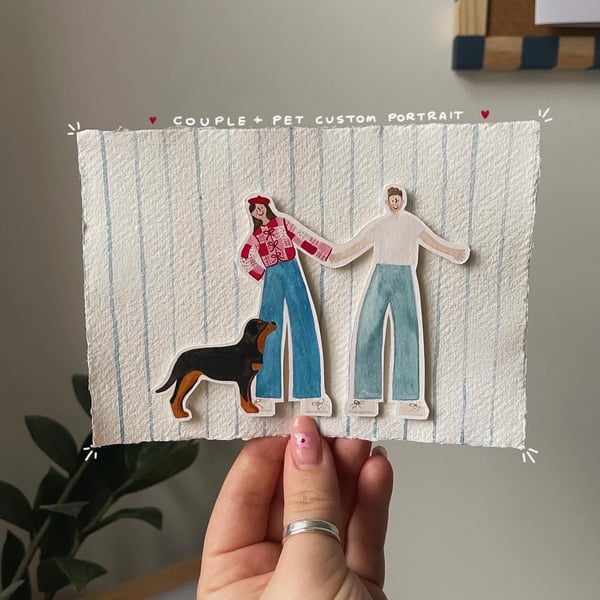 Custom Couple & Pet Portrait - Handmade A6 Illustration