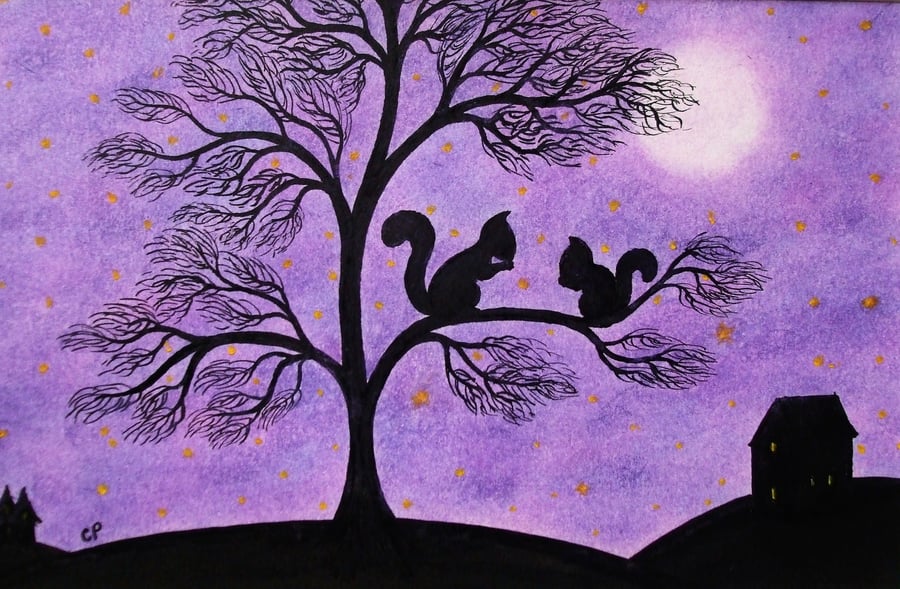 Squirrel Card, Tree Card, Squirrel Art Card, Children Card, Purple Squirrel Card