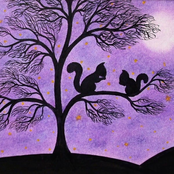 Squirrel Card, Tree Card, Squirrel Art Card, Children Card, Purple Squirrel Card