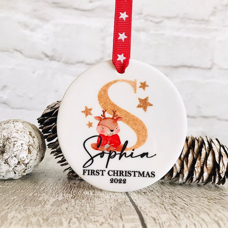 Personalised first christmas bauble, babys first christmas bauble, Reindeer 