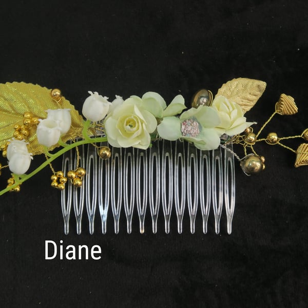 Gold and creamy yellow floral hair comb. Wedding hair accessory, Handmade gift