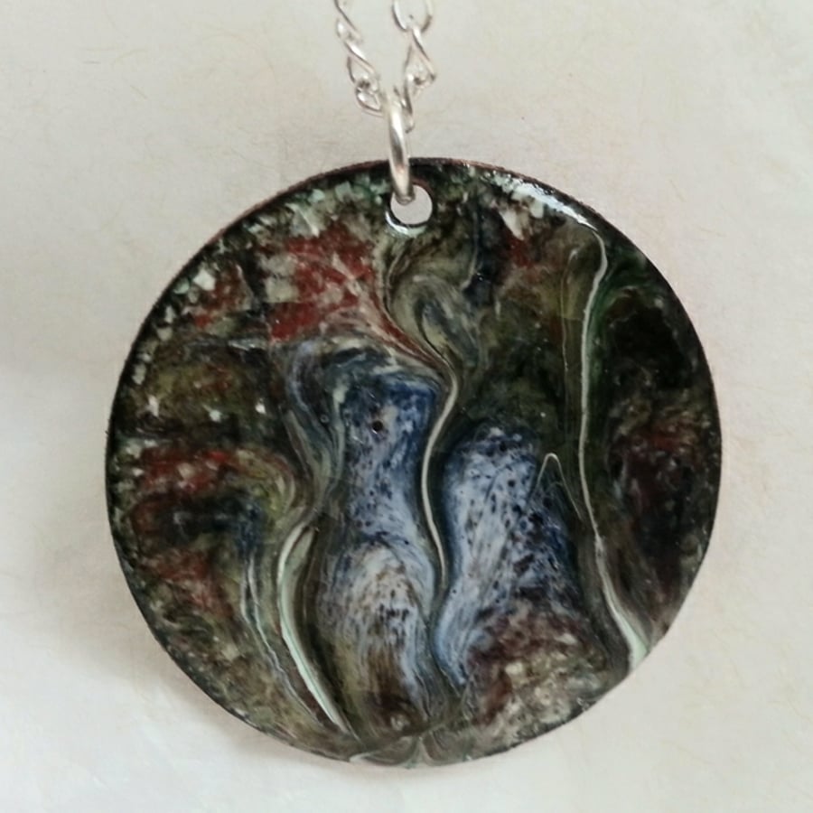 pendant - medium round scrolled blue, red, grey over white