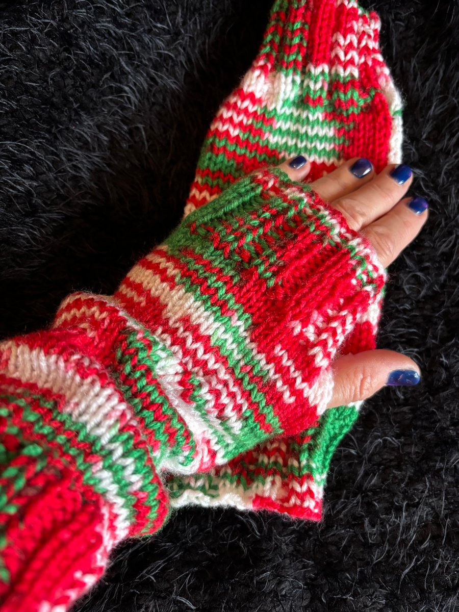 Hand Knitted Festive Fingerless Wrist Warmers
