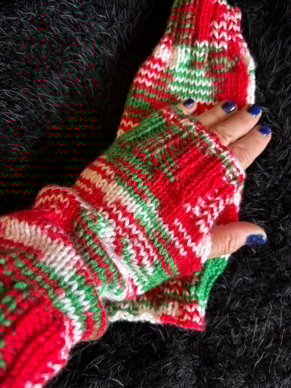 Hand Knitted Festive Fingerless Wrist Warmers