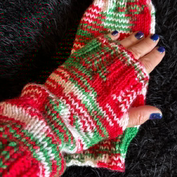 Hand Knitted Festive Fingerless Wrist Warmers