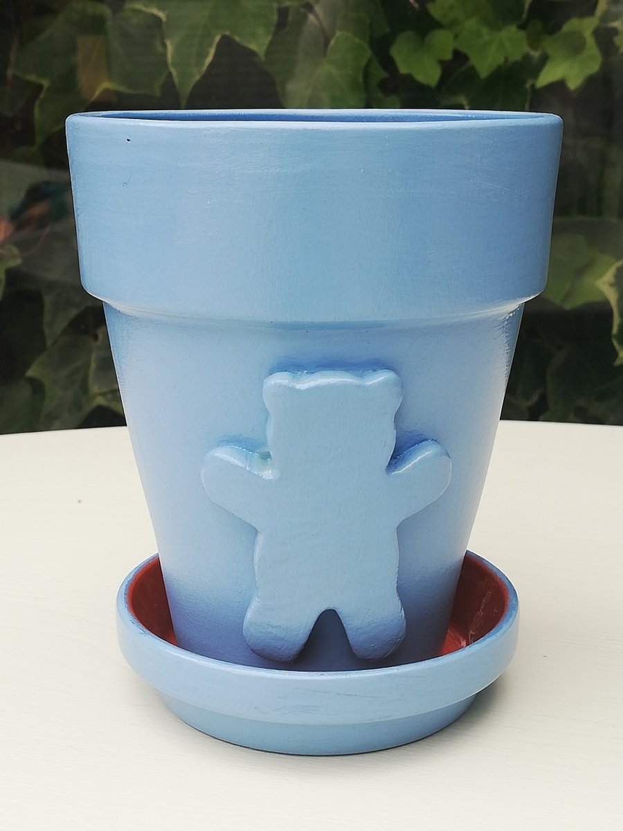 Blue teddy flowerpot