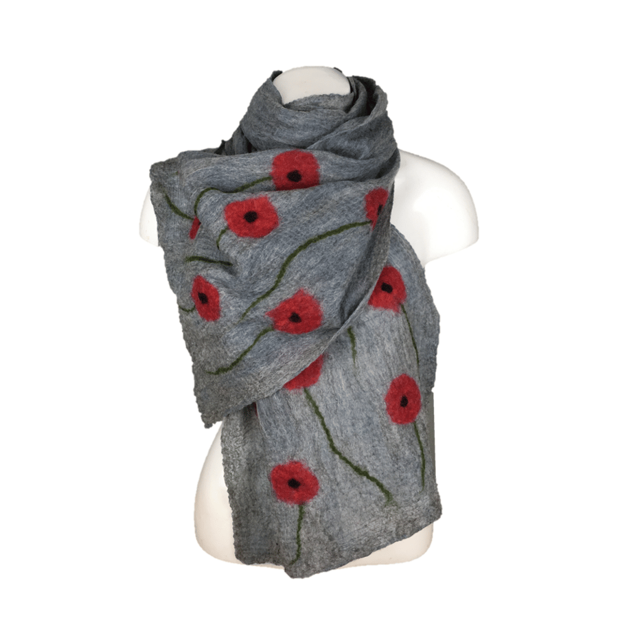 Long grey nuno felted scarf with poppy decoration
