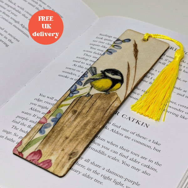 Wooden bird bookmark with a great tit design, gift for a bird lover