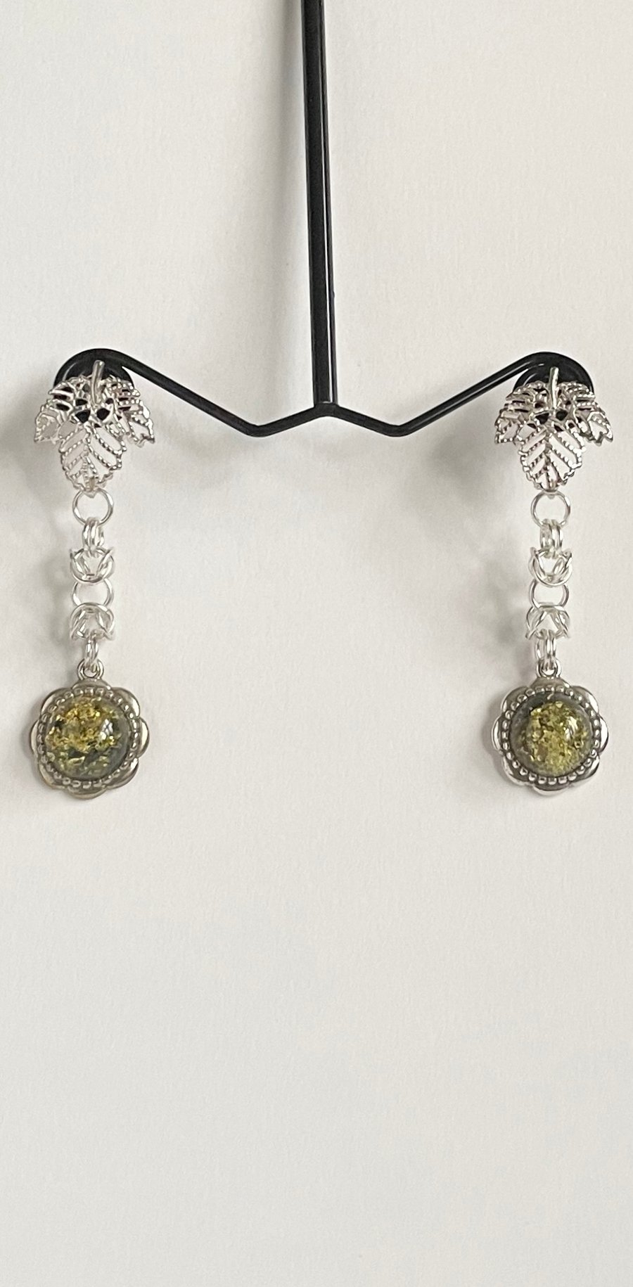 Green Amber Chainmaille Earrings 