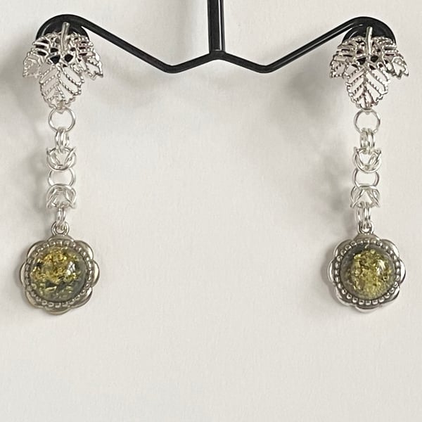 Green Amber Chainmaille Earrings 