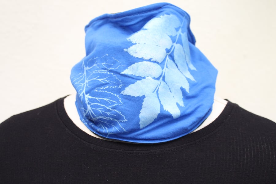 Handmade stretch cotton Neck warmer, hand printed leaf print,blue Snood scarf.