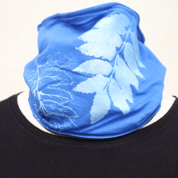 Handmade stretch cotton Neck warmer, hand printed leaf print,blue Snood scarf.