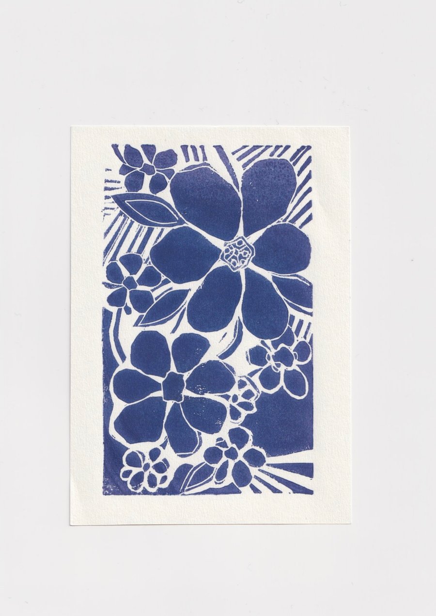 Blue Flowers - Mini Linocut A6 Print 