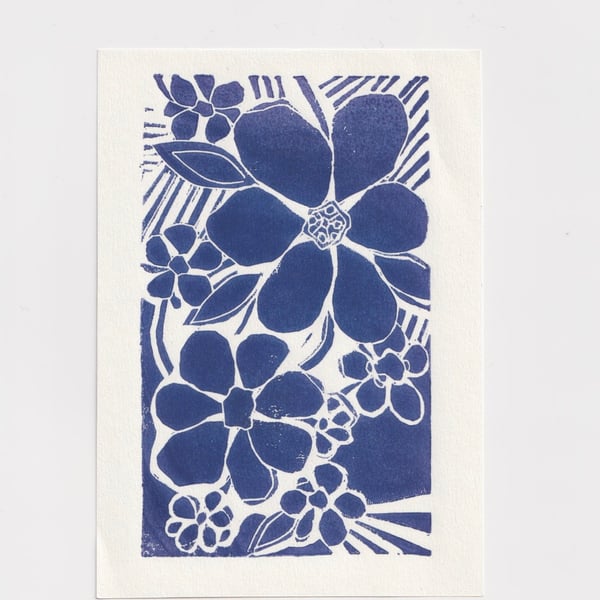 Blue Flowers - Mini Linocut A6 Print 