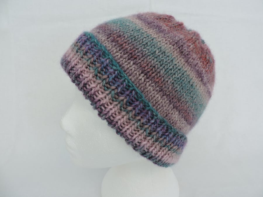 CLEARANCE SALE Adults Beanie Hat Dusky Pink Purple and Aquamarine