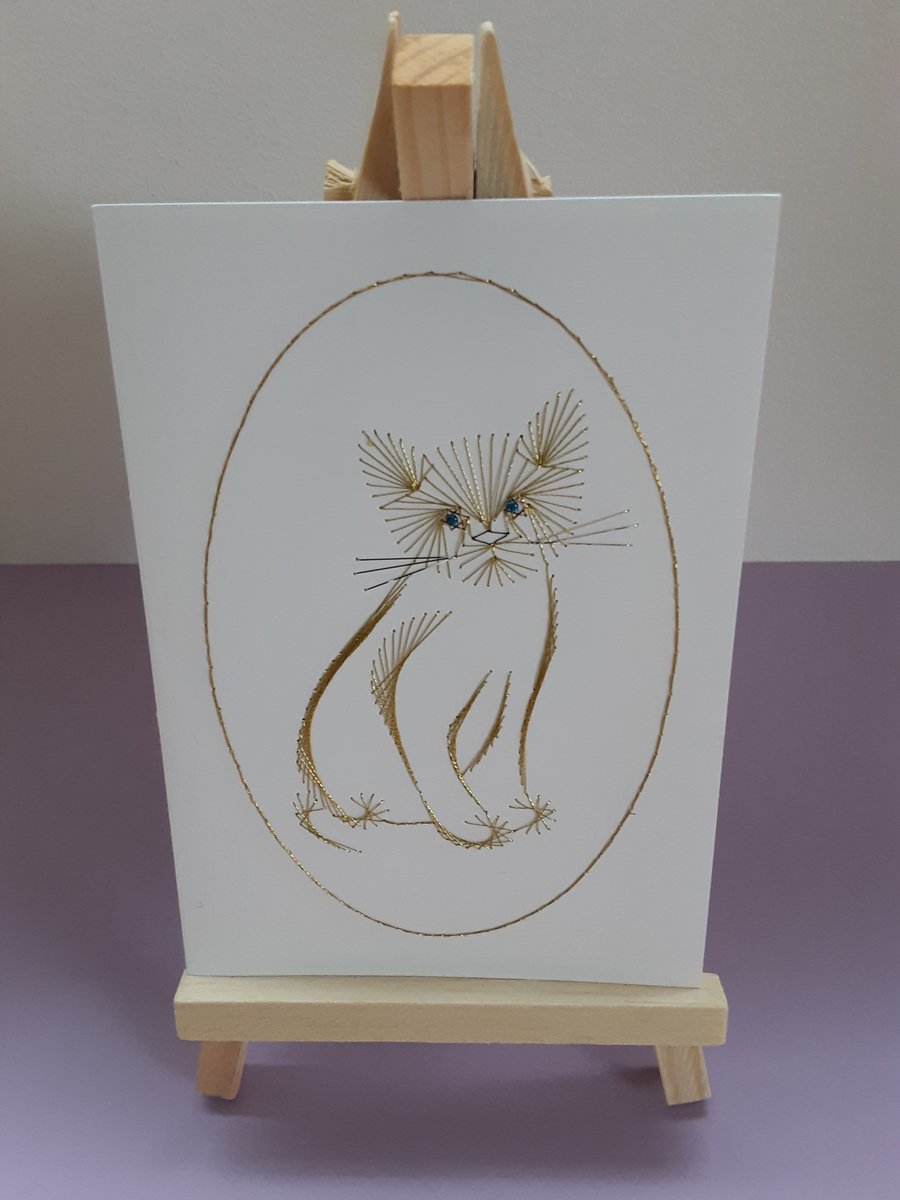 Hand Embroidered Cat Greetings Card.