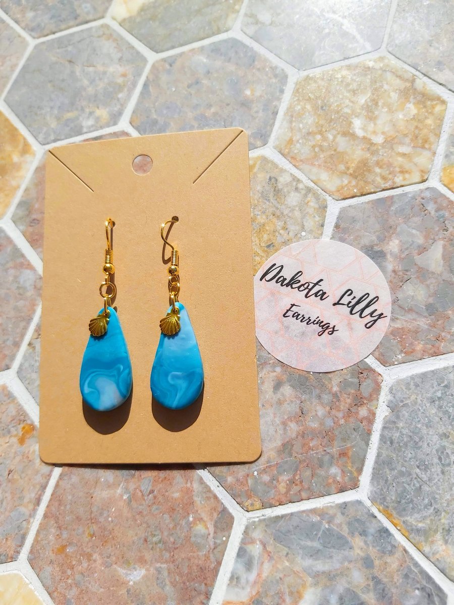 Blue, Turquoise and White drop polymer clay earrings