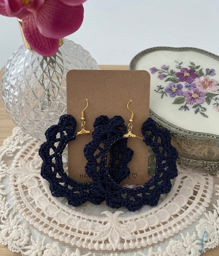 Crochet Boho Navy Hoop Earrings Festival 