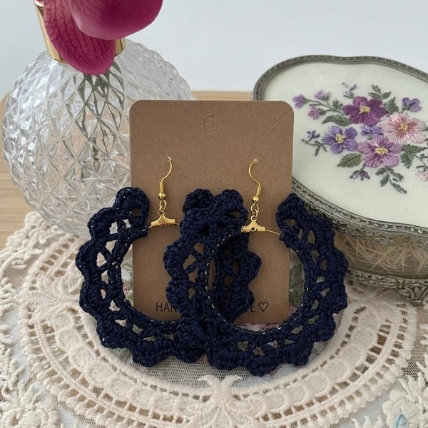 Crochet Boho Navy Hoop Earrings Festival 