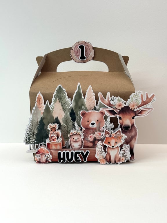 6 Personalised Woodland Animals party boxes, party bags 