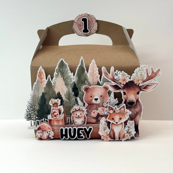 6 Personalised Woodland Animals party boxes, party bags 