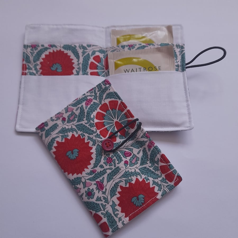 Red Flower Tea wallet, Travel tea wallet, Teabag holder,