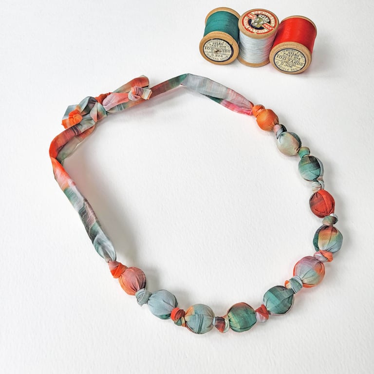 Orange, Green and Grey Liberty Flower Print Fabric Necklace - Hazy Days