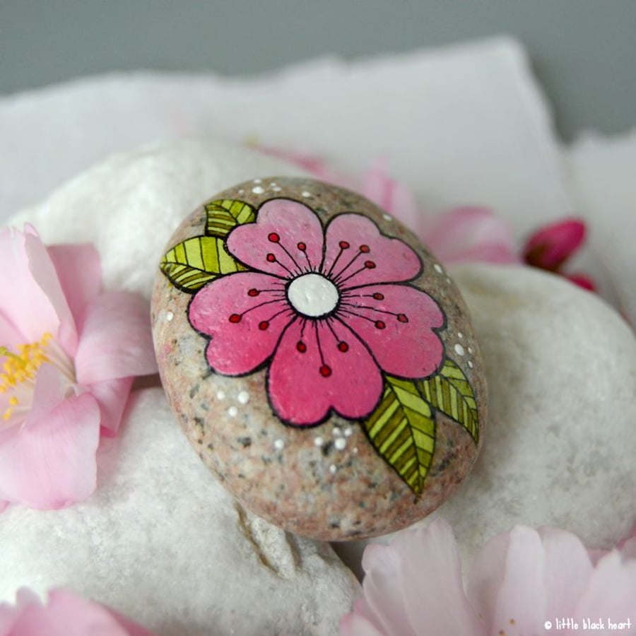 big cherry blossom - painted pebble