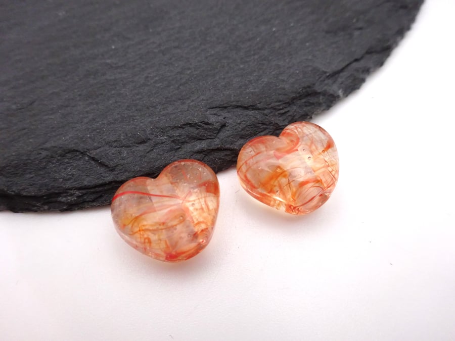 lampwork glass beads, red heart pair
