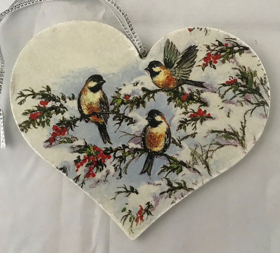 Decorated Christmas Small Wooden Heart Decoration Winter Birds Style 2