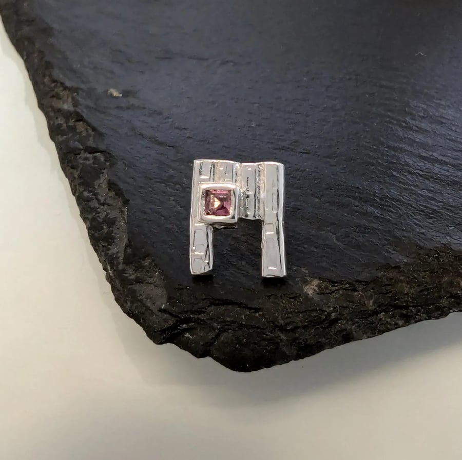 Sterling Silver Pink Tourmaline Single Stud earring, Handmade MEN Designed 