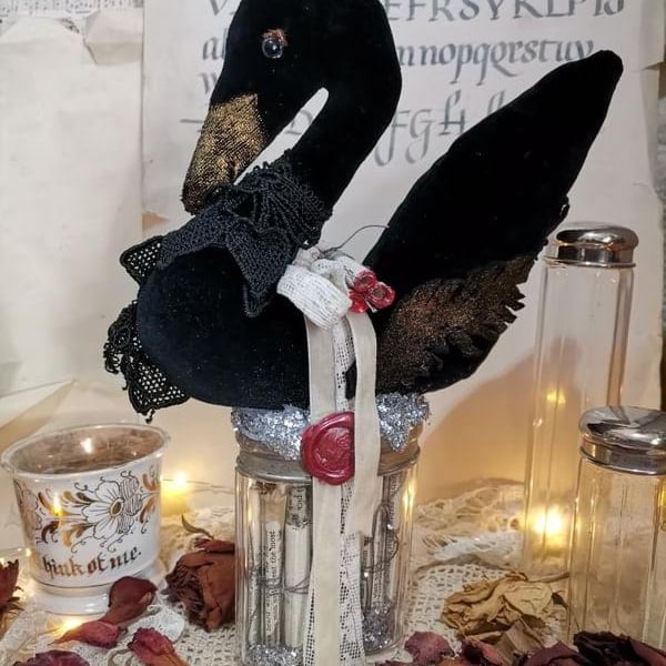 Textile art swan sculpture, folk art inspired by fantasy and myths, heirloom