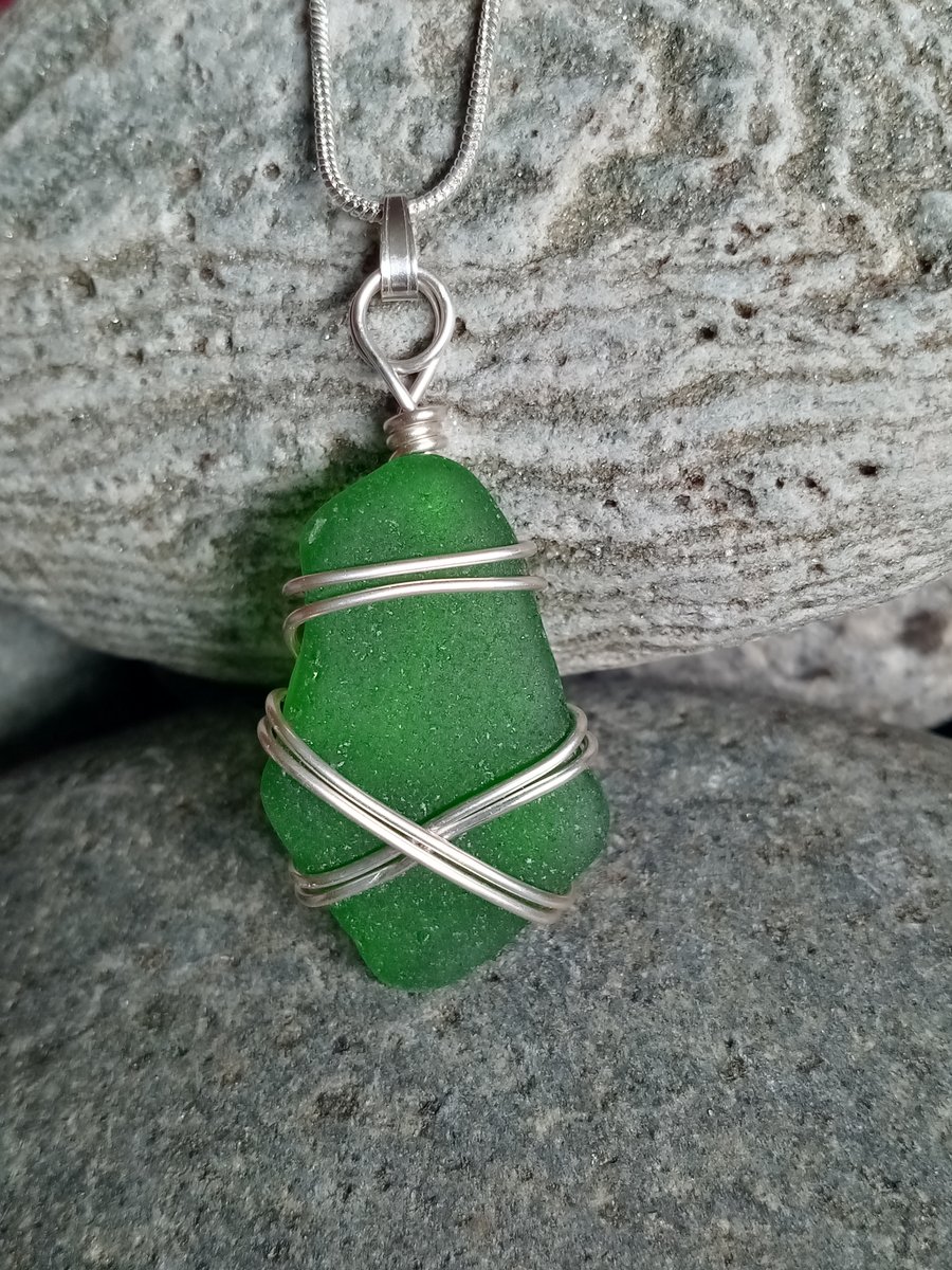 Wire-wrapped Sea glass pendant on silver plated snake chain 