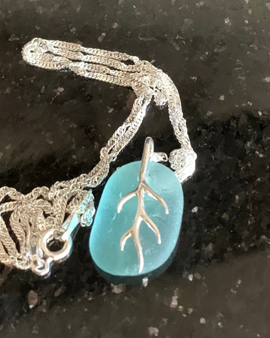 Pale blue seaglass and Sterling silver pendant 
