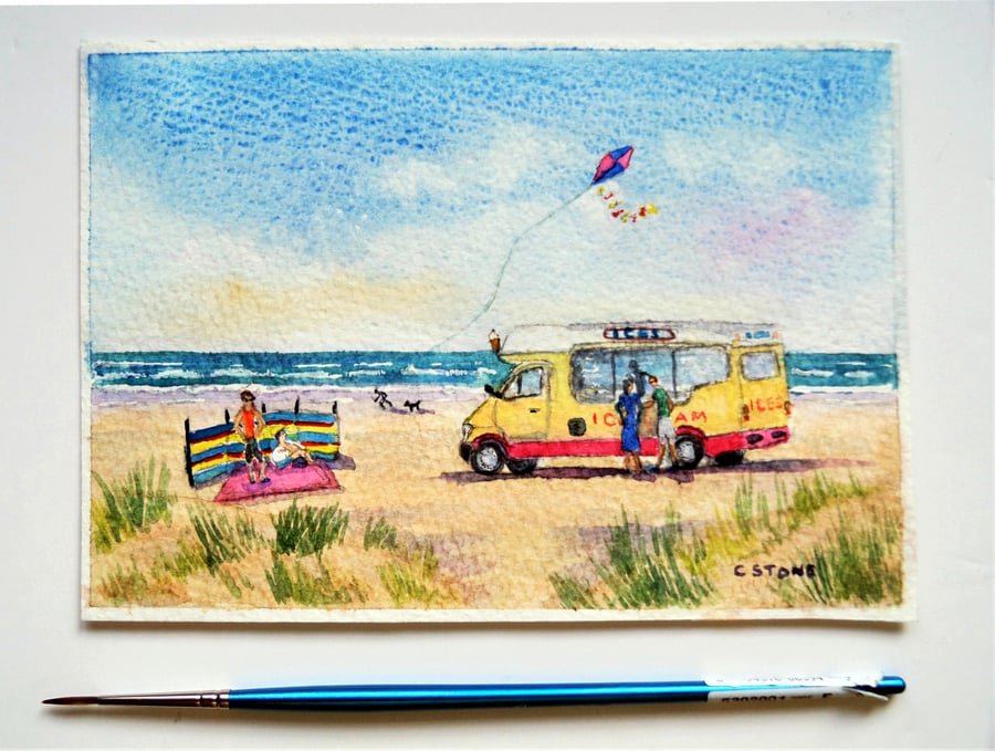 Small watercolour painting ice cream van on a sandy beach.
