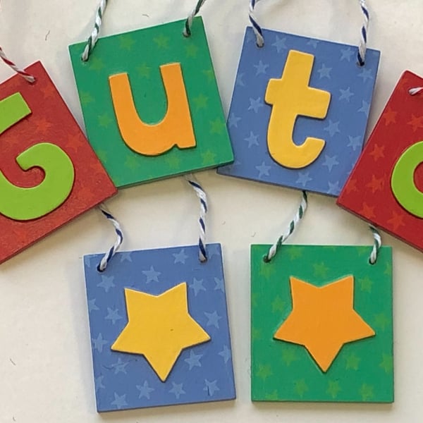 Personalised name bunting in red, blue and green. Any Name!