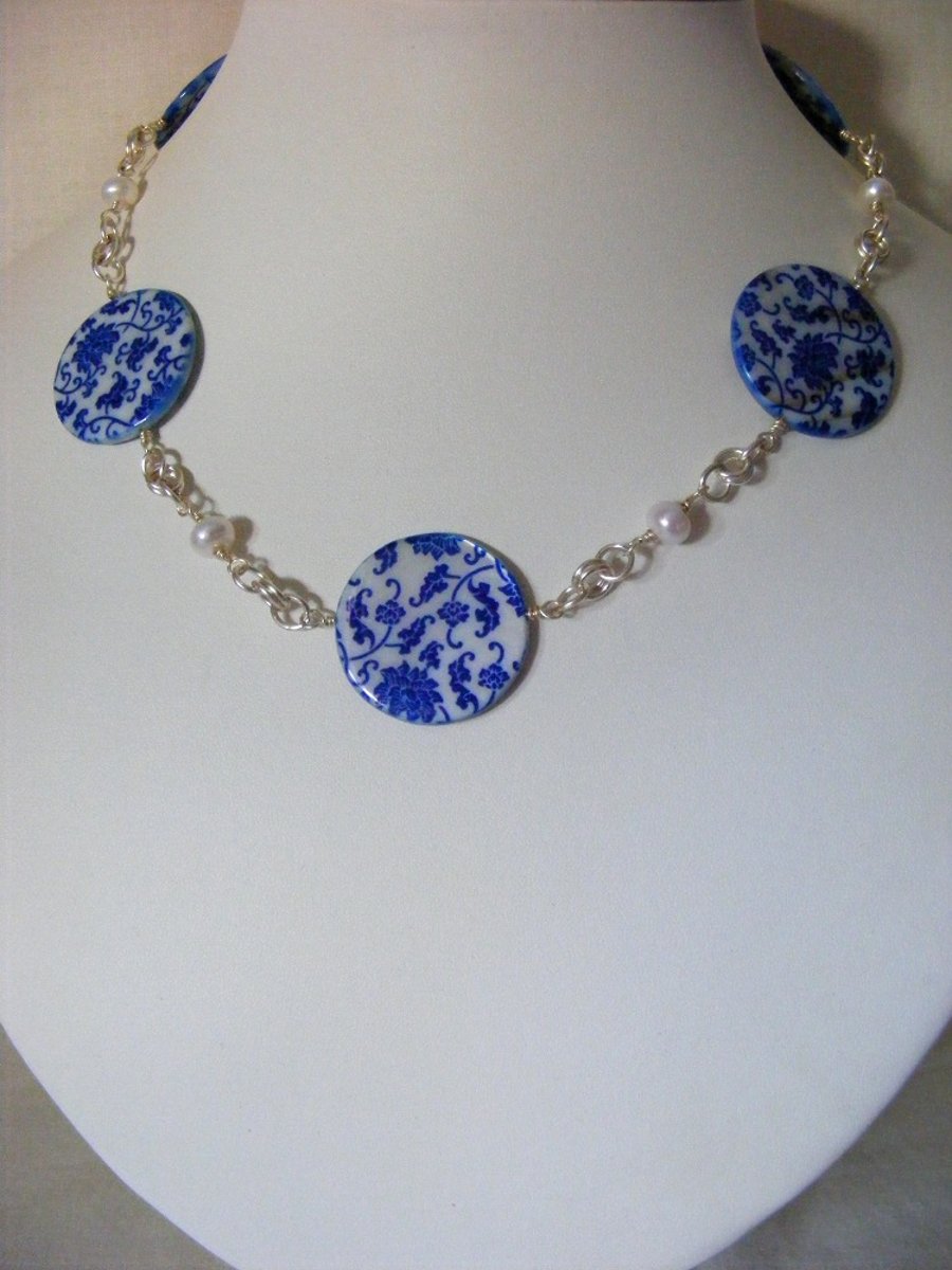 Blue Flower Print Mother of Pearl Necklace