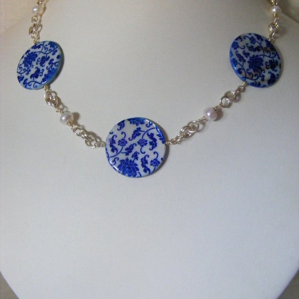 Blue Flower Print Mother of Pearl Necklace