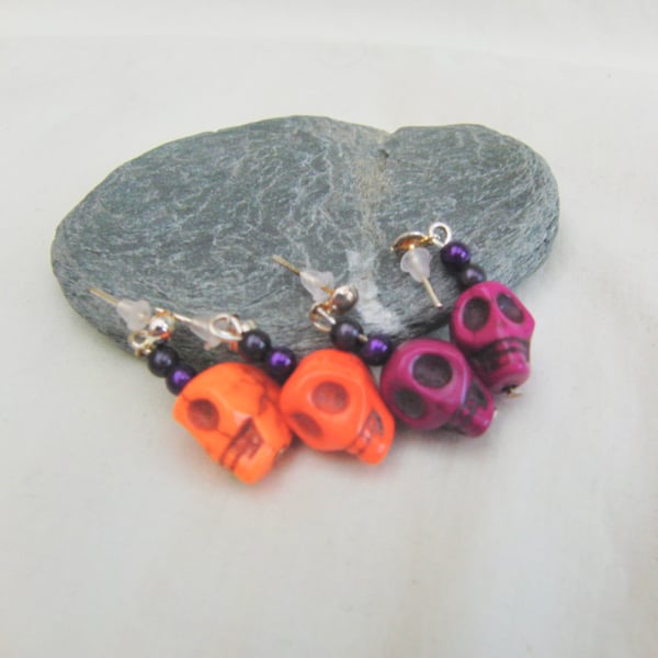 Howlite Skull And Purple and Black Miracle Bead Earrings, Halloween